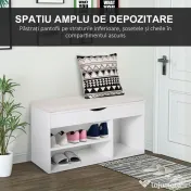 HOMCOM Bancă pentru Pantofi de Intrare, Economisitoare de Spațiu, cu Șezut Imblopat și Rafturi Deschise, pentru Hol, Alb 