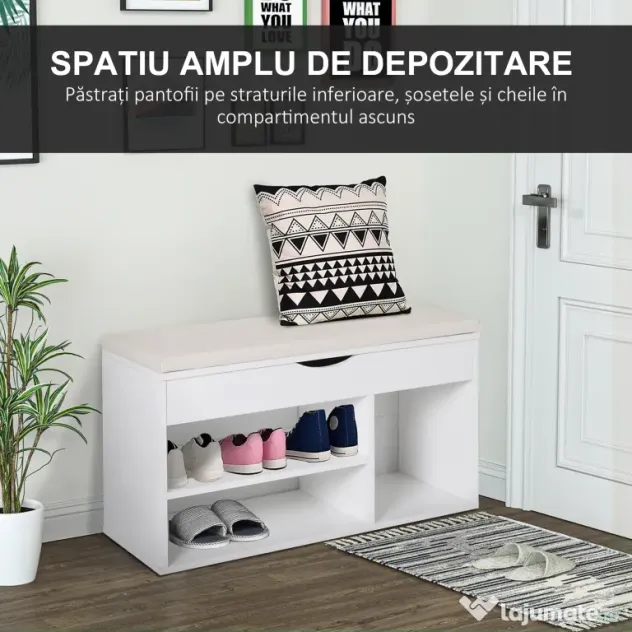 HOMCOM Bancă pentru Pantofi de Intrare, Economisitoare de Spațiu, cu Șezut Imblopat și Rafturi Deschise, pentru Hol, Alb