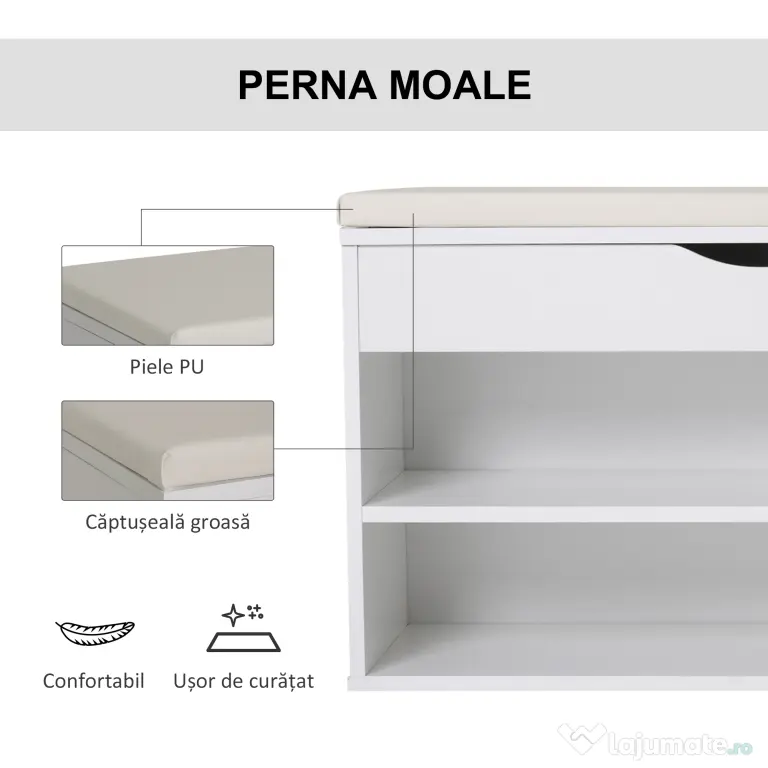 HOMCOM Bancă pentru Pantofi de Intrare, Economisitoare de Spațiu, cu Șezut Imblopat și Rafturi Deschise, pentru Hol, Alb