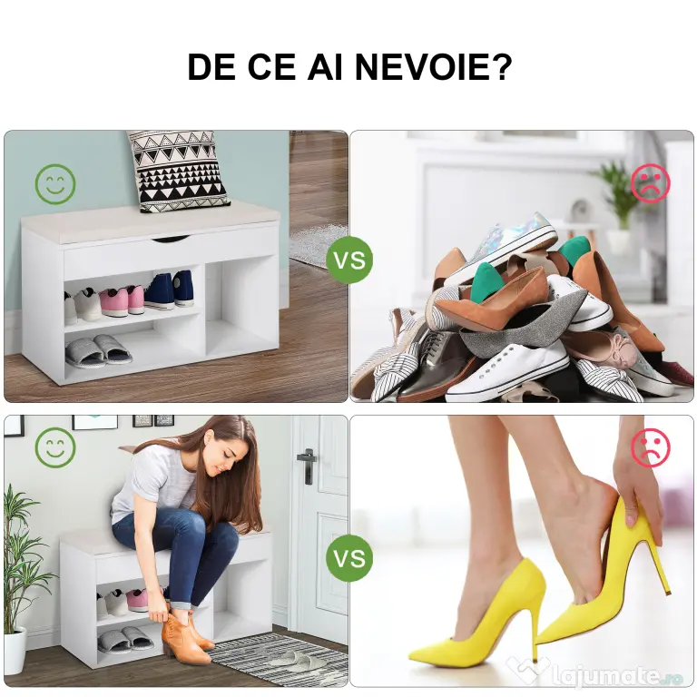 HOMCOM Bancă pentru Pantofi de Intrare, Economisitoare de Spațiu, cu Șezut Imblopat și Rafturi Deschise, pentru Hol, Alb