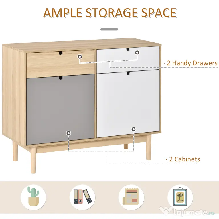 HOMCOM Mobilier Multifunctional Stil Nordic, Dulapior Doua Usi cu Sertare pentru Bucatarie si Hol, 100x40x79.5cm, Multicolor
