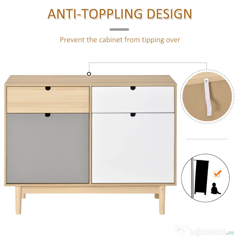 HOMCOM Mobilier Multifunctional Stil Nordic, Dulapior Doua Usi cu Sertare pentru Bucatarie si Hol, 100x40x79.5cm, Multicolor