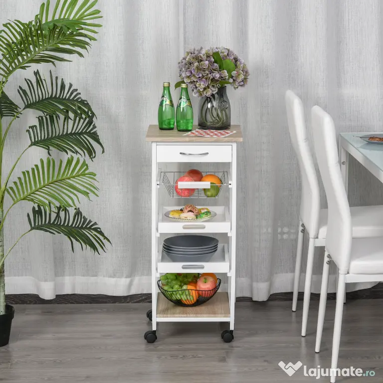HOMCOM Carucior Bucatarie 4 Roti Sertar Cos Sarmă Tavite Detasabile Etajera Lemn Pin 37x37x82cm Alb | Aosom Romania