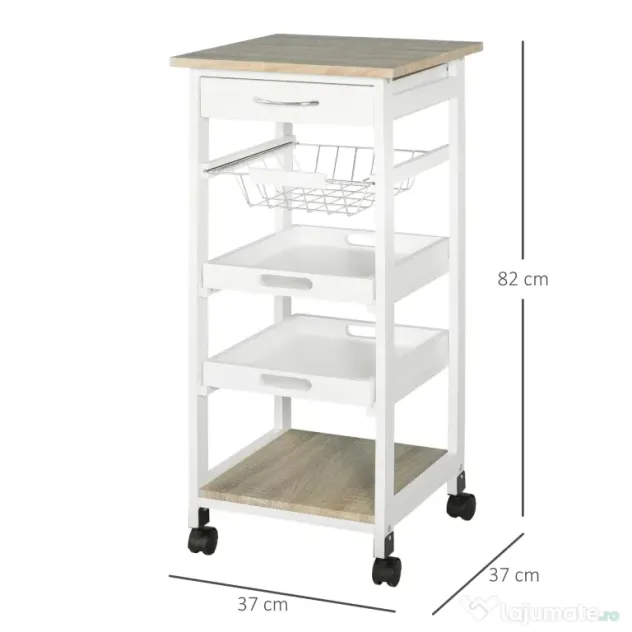 HOMCOM Carucior Bucatarie 4 Roti Sertar Cos Sarmă Tavite Detasabile Etajera Lemn Pin 37x37x82cm Alb | Aosom Romania