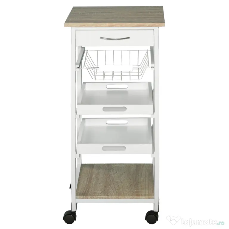 HOMCOM Carucior Bucatarie 4 Roti Sertar Cos Sarmă Tavite Detasabile Etajera Lemn Pin 37x37x82cm Alb | Aosom Romania