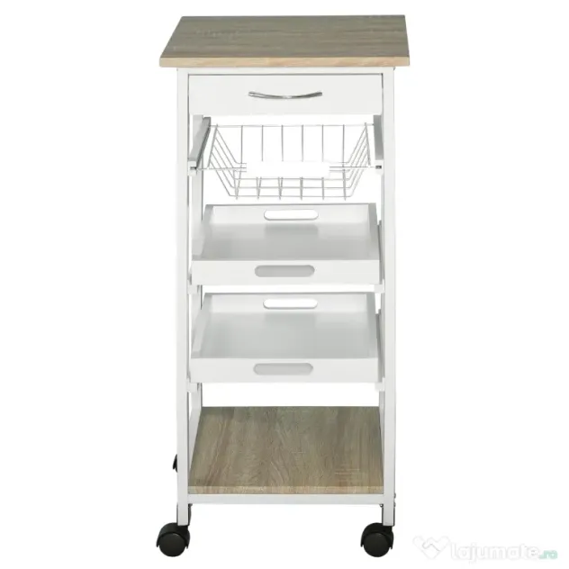 HOMCOM Carucior Bucatarie 4 Roti Sertar Cos Sarmă Tavite Detasabile Etajera Lemn Pin 37x37x82cm Alb | Aosom Romania