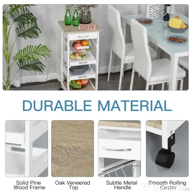 HOMCOM Carucior Bucatarie 4 Roti Sertar Cos Sarmă Tavite Detasabile Etajera Lemn Pin 37x37x82cm Alb | Aosom Romania
