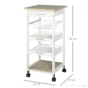 HOMCOM Cărucior de Bucătărie Măsuță Mobilă Economisire Spațiu cu Rafturi și Sertar din Lemn, Etajeră pe Roți, 37x37x82 cm, Alb