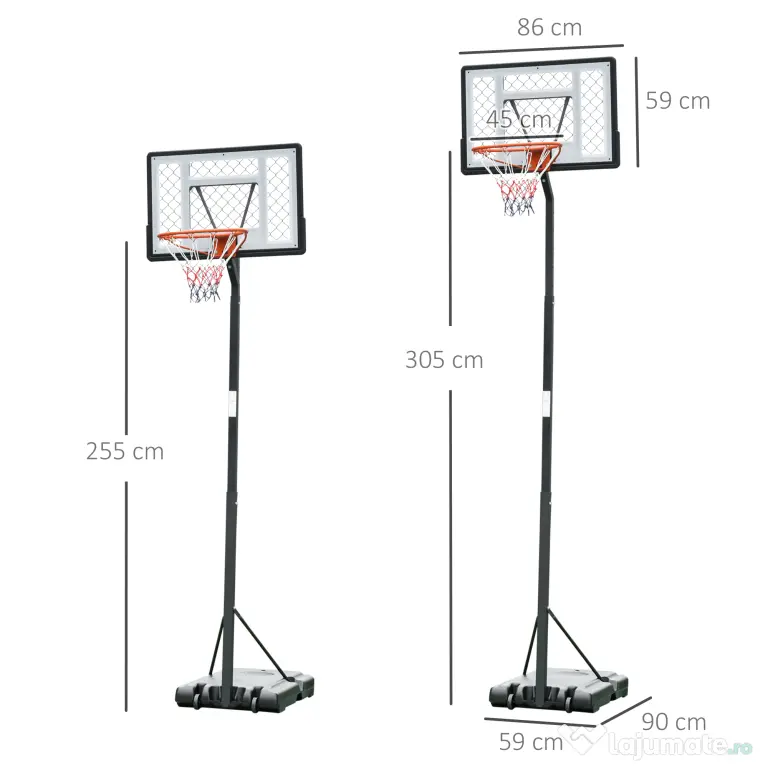 HOMCOM Cos Baschet Adulti cu Inaltime Reglabila 302-352cm, Structura din Otel, PE si PVC, Negru | Aosom Romania