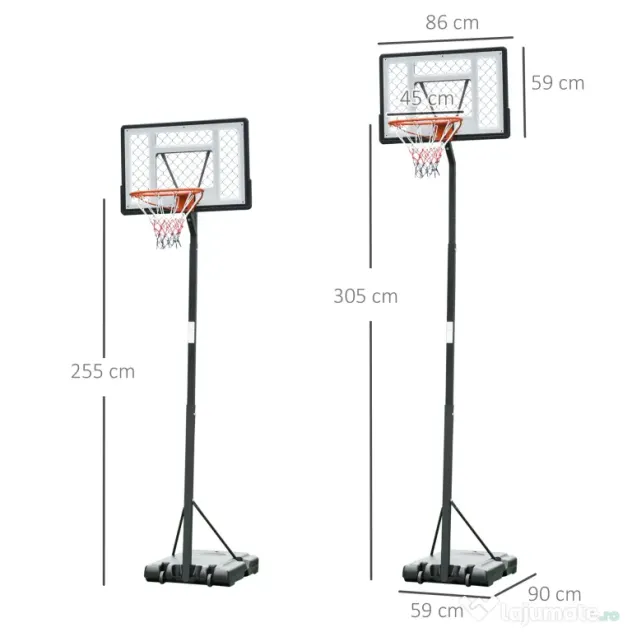 HOMCOM Cos Baschet Adulti cu Inaltime Reglabila 302-352cm, Structura din Otel, PE si PVC, Negru | Aosom Romania