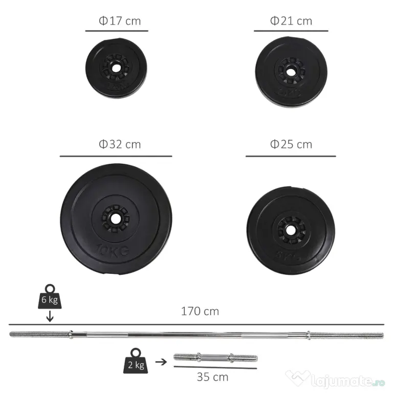 HOMCOM Set Haltere Ajustabile cu 14 Discuri și 2 Manere, Echipament Antrenament, Negru | Aosom Romania