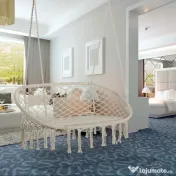Outsunny Hamac Balansoar pentru Gradina si Casa cu 2 Locuri din Macramé Alb Crem | Aosom Romania 