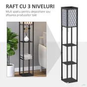 HOMCOM Lampă stand cu rafturi 3 niveluri, negru 26x26x160 cm, Iluminare caldă și rafturi pentru living sau birou 