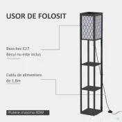HOMCOM Lampă stand cu rafturi 3 niveluri, negru 26x26x160 cm, Iluminare caldă și rafturi pentru living sau birou 