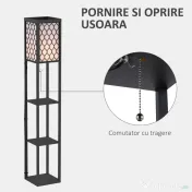 HOMCOM Lampă stand cu rafturi 3 niveluri, negru 26x26x160 cm, Iluminare caldă și rafturi pentru living sau birou 