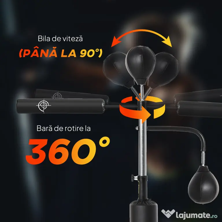 HOMCOM Sac de Box Reglabil 4 în 1 cu 2 Speedball-uri, Bară Rotativă și Sac de Box, Înălțime Reglabilă 160-230cm, Negru