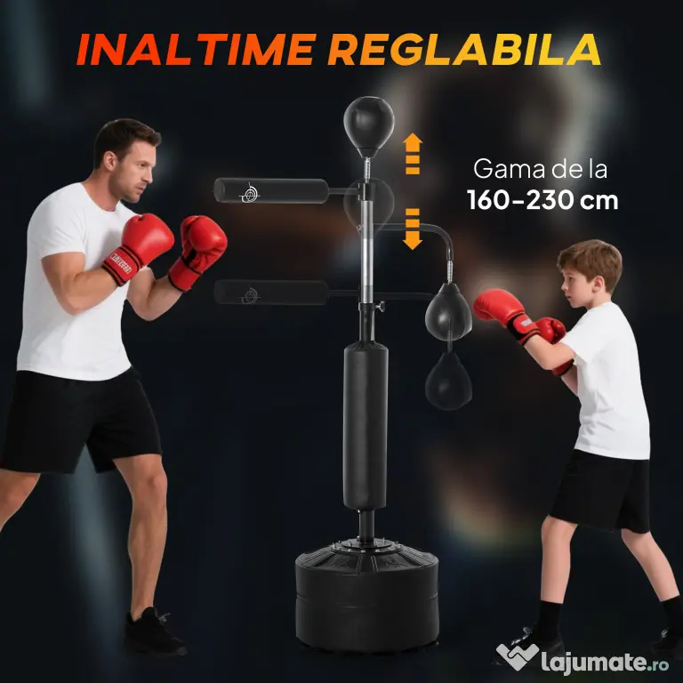 HOMCOM Sac de Box Reglabil 4 în 1 cu 2 Speedball-uri, Bară Rotativă și Sac de Box, Înălțime Reglabilă 160-230cm, Negru