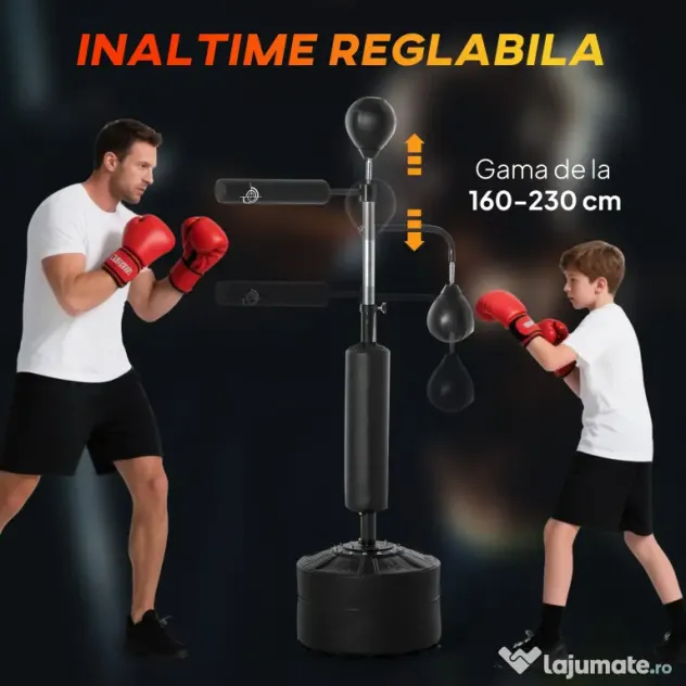 HOMCOM Sac de Box Reglabil 4 în 1 cu 2 Speedball-uri, Bară Rotativă și Sac de Box, Înălțime Reglabilă 160-230cm, Negru