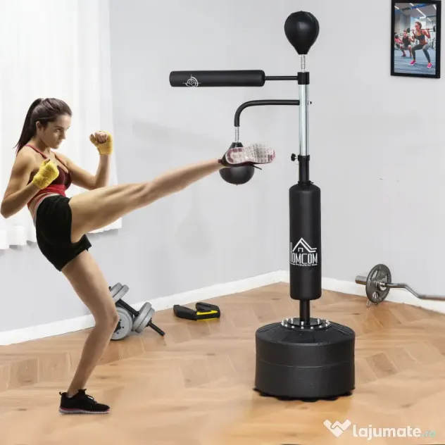 HOMCOM Sac de Box Reglabil 4 în 1 cu 2 Speedball-uri, Bară Rotativă și Sac de Box, Înălțime Reglabilă 160-230cm, Negru