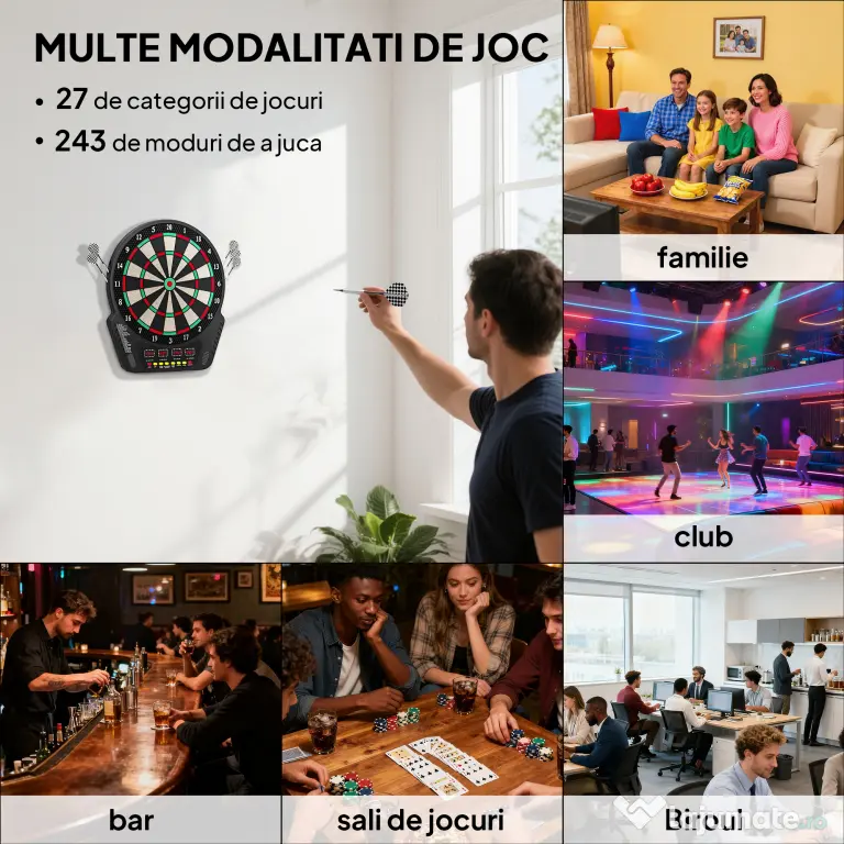 HOMCOM Țintă pentru Darts cu 6 Săgeți, Adaptor, 4 Afișaje LED și 27 de Jocuri, din ABS și PP, 44x51.5x3.2 cm, Negru | Aosom Romania
