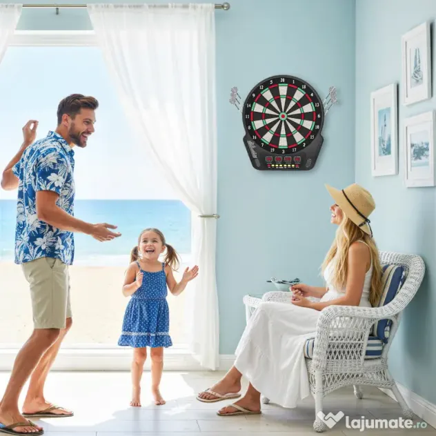 HOMCOM Țintă pentru Darts cu 6 Săgeți, Adaptor, 4 Afișaje LED și 27 de Jocuri, din ABS și PP, 44x51.5x3.2 cm, Negru | Aosom Romania