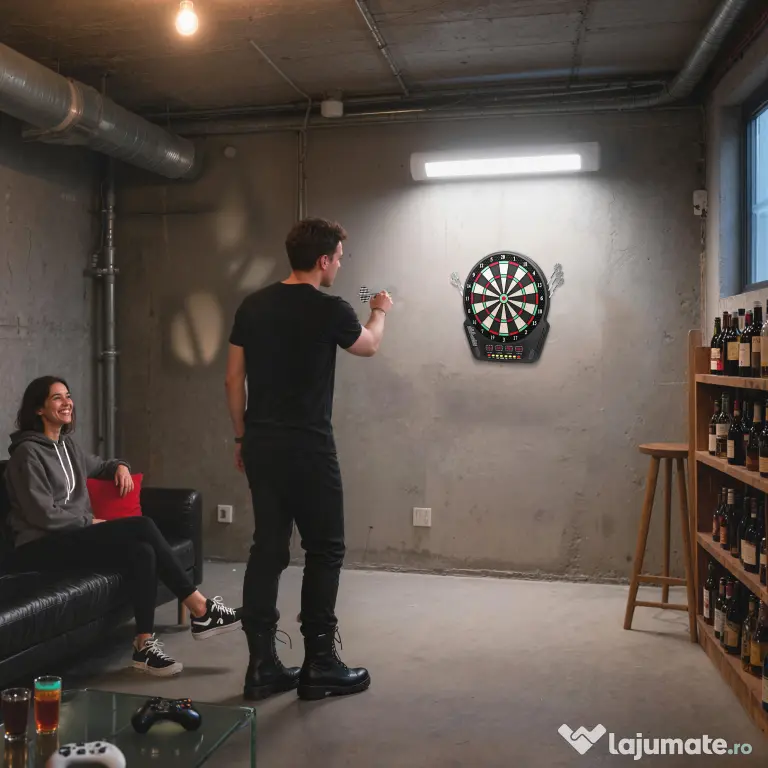 HOMCOM Țintă pentru Darts cu 6 Săgeți, Adaptor, 4 Afișaje LED și 27 de Jocuri, din ABS și PP, 44x51.5x3.2 cm, Negru | Aosom Romania