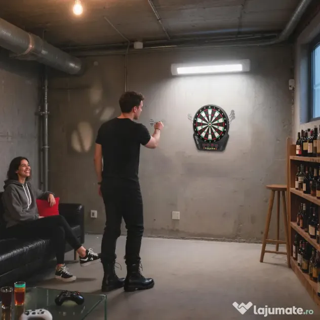 HOMCOM Țintă pentru Darts cu 6 Săgeți, Adaptor, 4 Afișaje LED și 27 de Jocuri, din ABS și PP, 44x51.5x3.2 cm, Negru | Aosom Romania