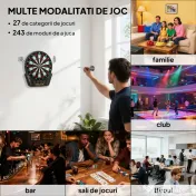HOMCOM Țintă pentru Darts cu 6 Săgeți, Adaptor, 4 Afișaje LED și 27 de Jocuri, din ABS și PP, 44x51.5x3.2 cm, Negru 