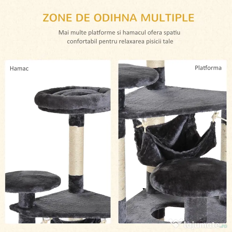 PawHut Copac Pisici 4 Nivele Plus Sisal Natural pentru Ascuit Unghii 40x40x132cm Gri | Aosom Romania
