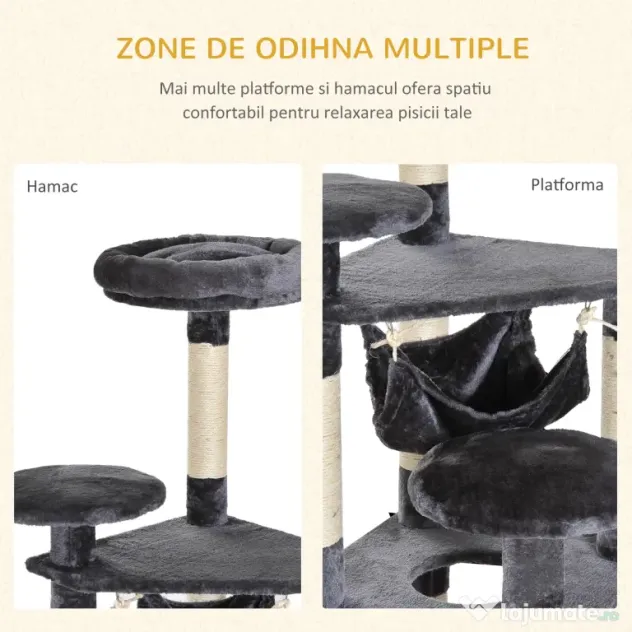 PawHut Copac Pisici 4 Nivele Plus Sisal Natural pentru Ascuit Unghii 40x40x132cm Gri | Aosom Romania
