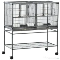 PawHut Colivie Dubla pentru Pasari din Metal cu Tavi Detasabile Suport cu 4 Roti si Raft,95x45.5x102cm, Neagra Gri | Aosom Romania
