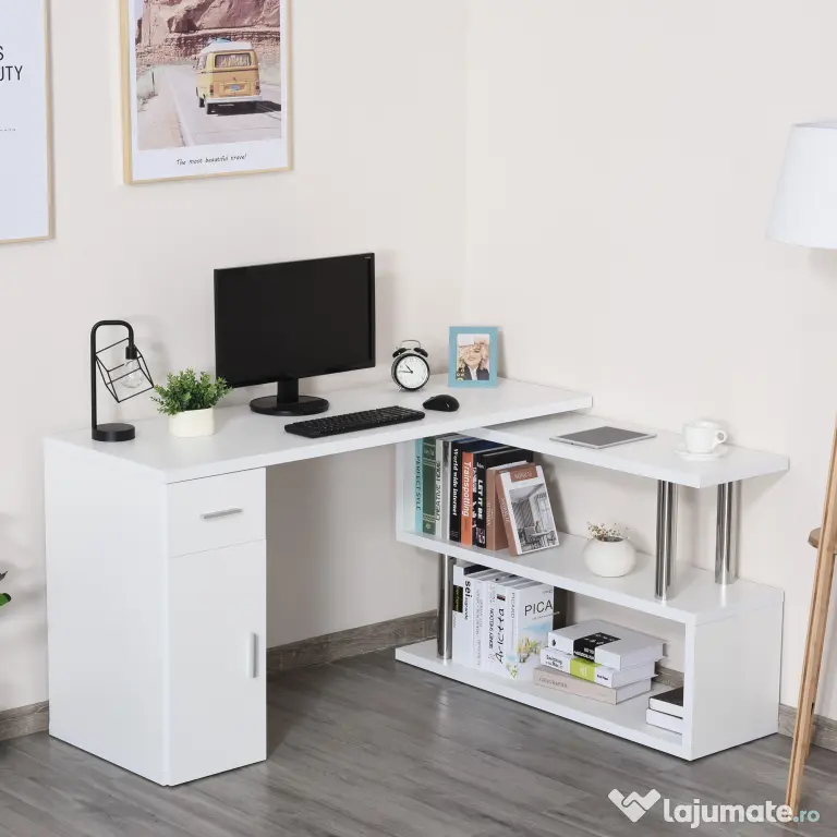 HOMCOM Birou Unghiular Modern din Lemn Spațiu de Lucru Generos 140x107x74.6 cm Design Contemporan pentru Birou | Aosom Romania