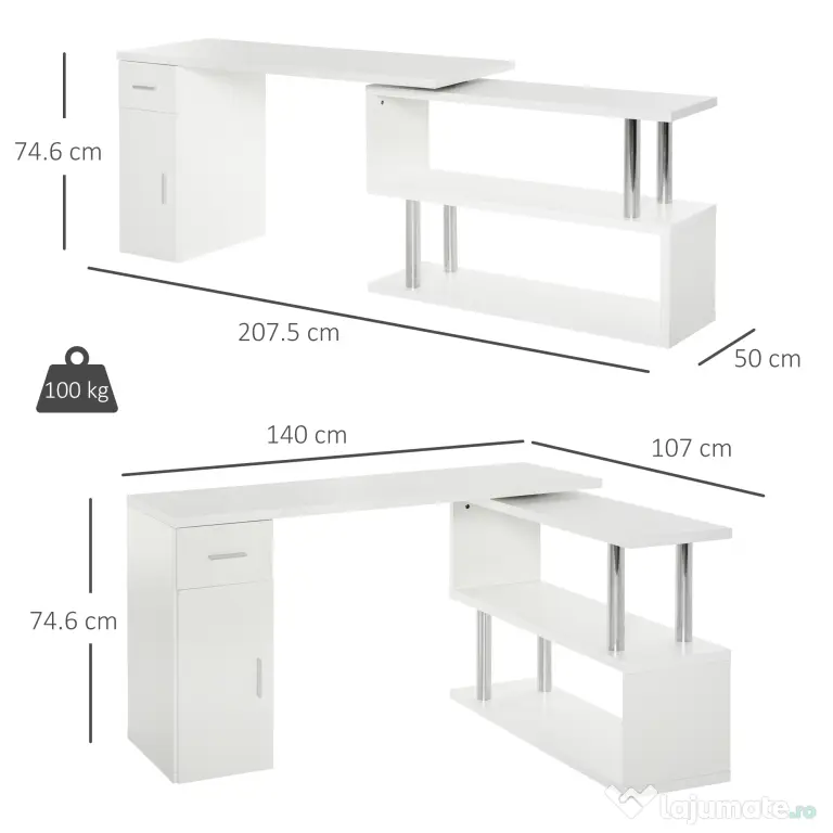 HOMCOM Birou Unghiular Modern din Lemn Spațiu de Lucru Generos 140x107x74.6 cm Design Contemporan pentru Birou | Aosom Romania