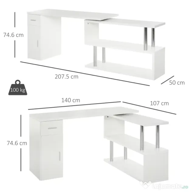 HOMCOM Birou Unghiular Modern din Lemn Spațiu de Lucru Generos 140x107x74.6 cm Design Contemporan pentru Birou | Aosom Romania