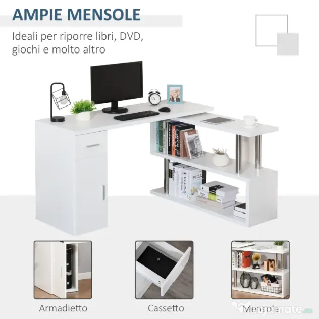 HOMCOM Birou Unghiular Modern din Lemn Spațiu de Lucru Generos 140x107x74.6 cm Design Contemporan pentru Birou | Aosom Romania