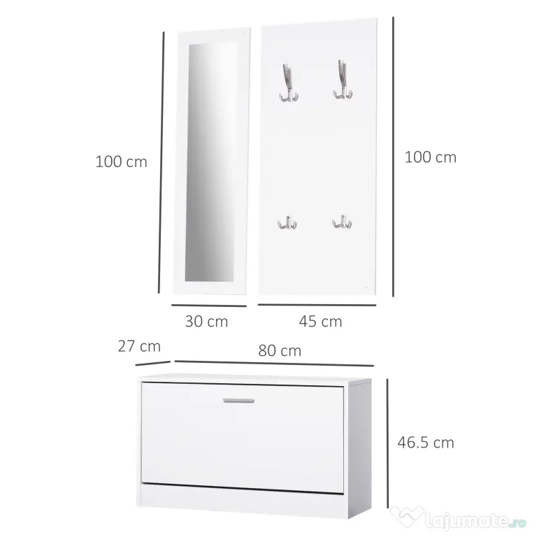 HOMCOM Set 3 Piese Suport pantofi Suport haine Oglinda pentru Hol sau Dormitor, din Lemn, 80x27x46,5cm, Alb | Aosom Romania