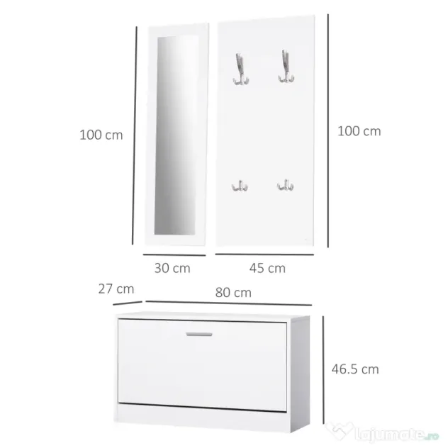 HOMCOM Set 3 Piese Suport pantofi Suport haine Oglinda pentru Hol sau Dormitor, din Lemn, 80x27x46,5cm, Alb | Aosom Romania