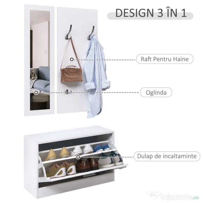 HOMCOM Set 3 Piese Suport pantofi Suport haine Oglinda pentru Hol sau Dormitor, din Lemn, 80x27x46,5cm, Alb | Aosom Romania