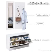 HOMCOM Set 3 Piese Suport pantofi Suport haine Oglinda pentru Hol sau Dormitor, din Lemn, 80x27x46,5cm, Alb | Aosom Romania 
