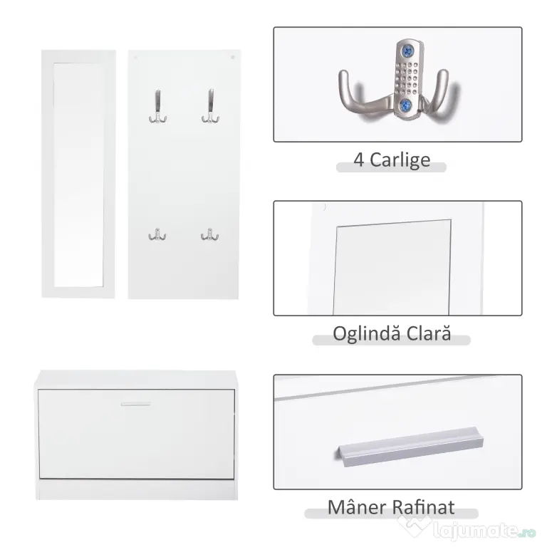 HOMCOM Set 3 Piese Suport pantofi Suport haine Oglinda pentru Hol sau Dormitor, din Lemn, 80x27x46,5cm, Alb | Aosom Romania