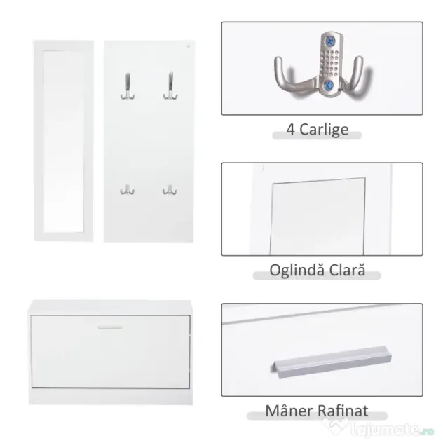 HOMCOM Set 3 Piese Suport pantofi Suport haine Oglinda pentru Hol sau Dormitor, din Lemn, 80x27x46,5cm, Alb | Aosom Romania