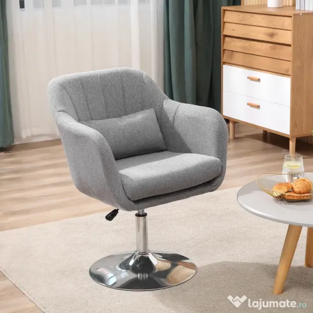 HOMCOM Scaun Pivotant la 360° cu Inaltime Reglabila din Material Respirabil, Scaun Modern cu Perna, Suport Lombar si Cotiere, 60x60x79-91 cm, Gri