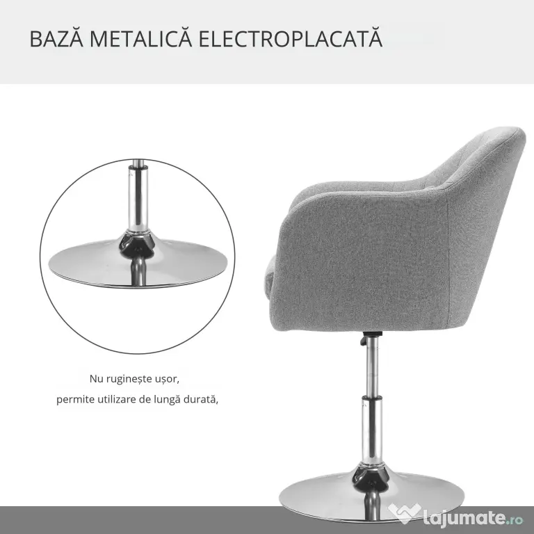 HOMCOM Scaun Pivotant la 360° cu Inaltime Reglabila din Material Respirabil, Scaun Modern cu Perna, Suport Lombar si Cotiere, 60x60x79-91 cm, Gri