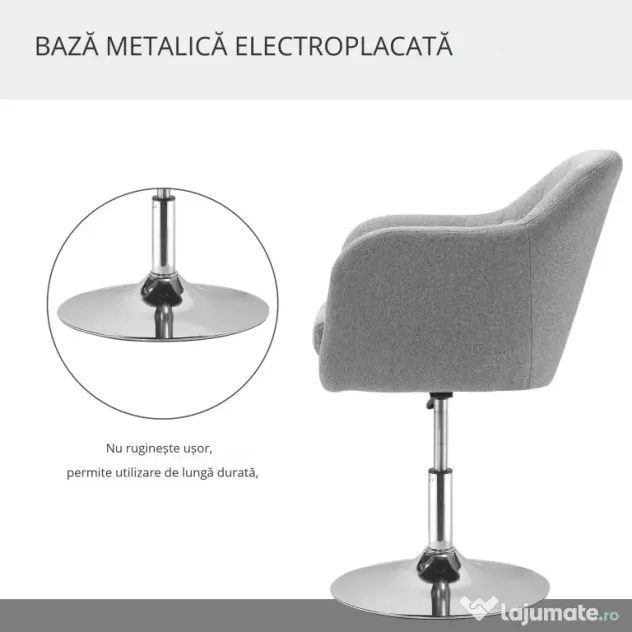 HOMCOM Scaun Pivotant la 360° cu Inaltime Reglabila din Material Respirabil, Scaun Modern cu Perna, Suport Lombar si Cotiere, 60x60x79-91 cm, Gri