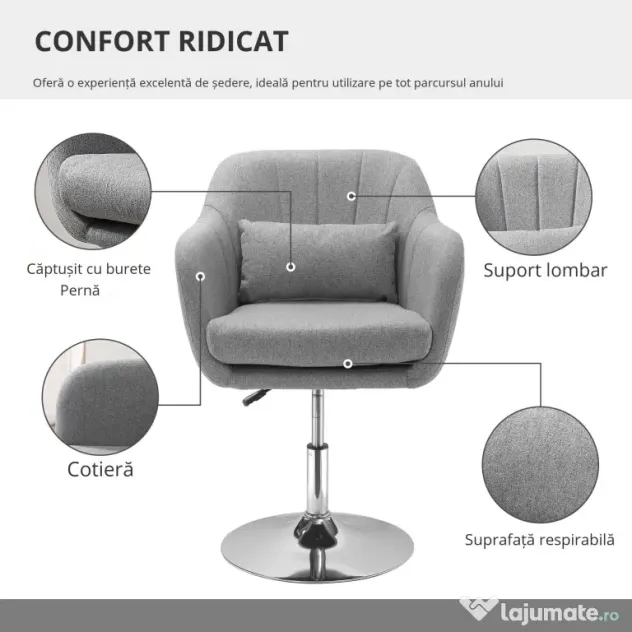 HOMCOM Scaun Pivotant la 360° cu Inaltime Reglabila din Material Respirabil, Scaun Modern cu Perna, Suport Lombar si Cotiere, 60x60x79-91 cm, Gri