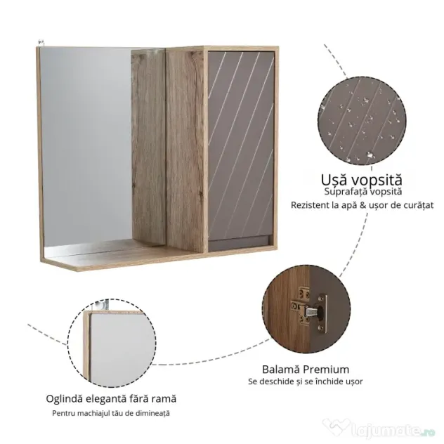 HOMCOM Dulapior Suspendat Baie cu Oglindă Raft Reglabil Design Modern Gri și Stejar | Aosom Romania