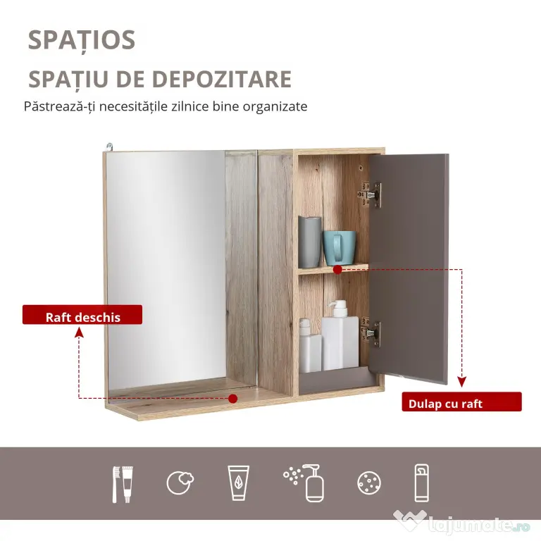 HOMCOM Dulapior Suspendat Baie cu Oglindă Raft Reglabil Design Modern Gri și Stejar | Aosom Romania