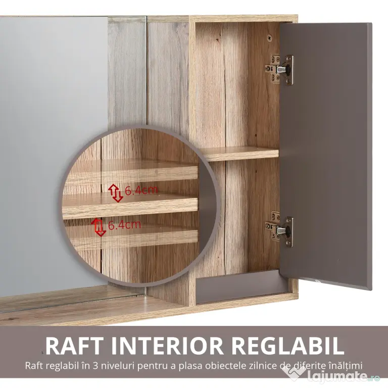 HOMCOM Dulapior Suspendat Baie cu Oglindă Raft Reglabil Design Modern Gri și Stejar | Aosom Romania