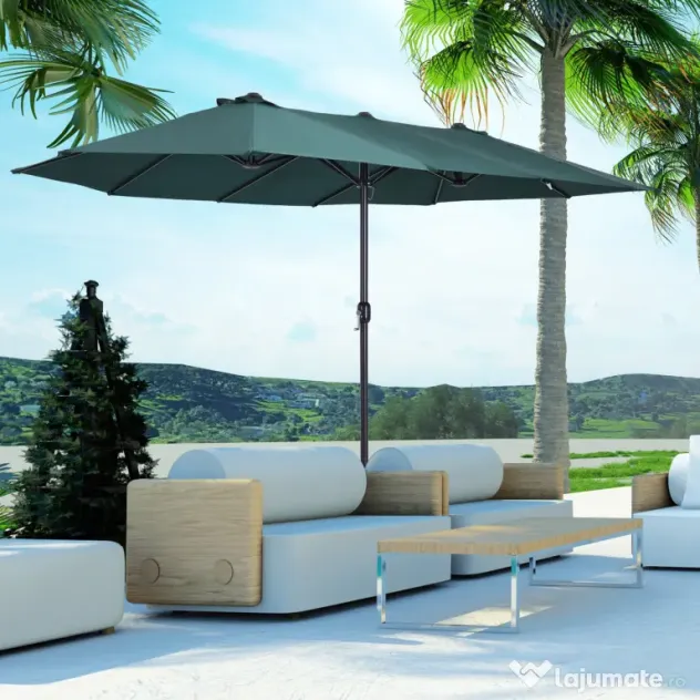 Outsunny Umbrelă Dublă de Grădină, Protecție UV, Manivelă pentru Deschidere, 460x270x240 cm, Verde | Aosom Romania