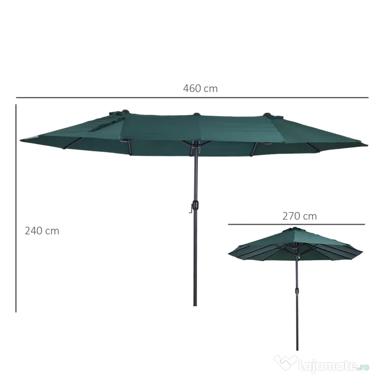 Outsunny Umbrelă Dublă de Grădină, Protecție UV, Manivelă pentru Deschidere, 460x270x240 cm, Verde | Aosom Romania
